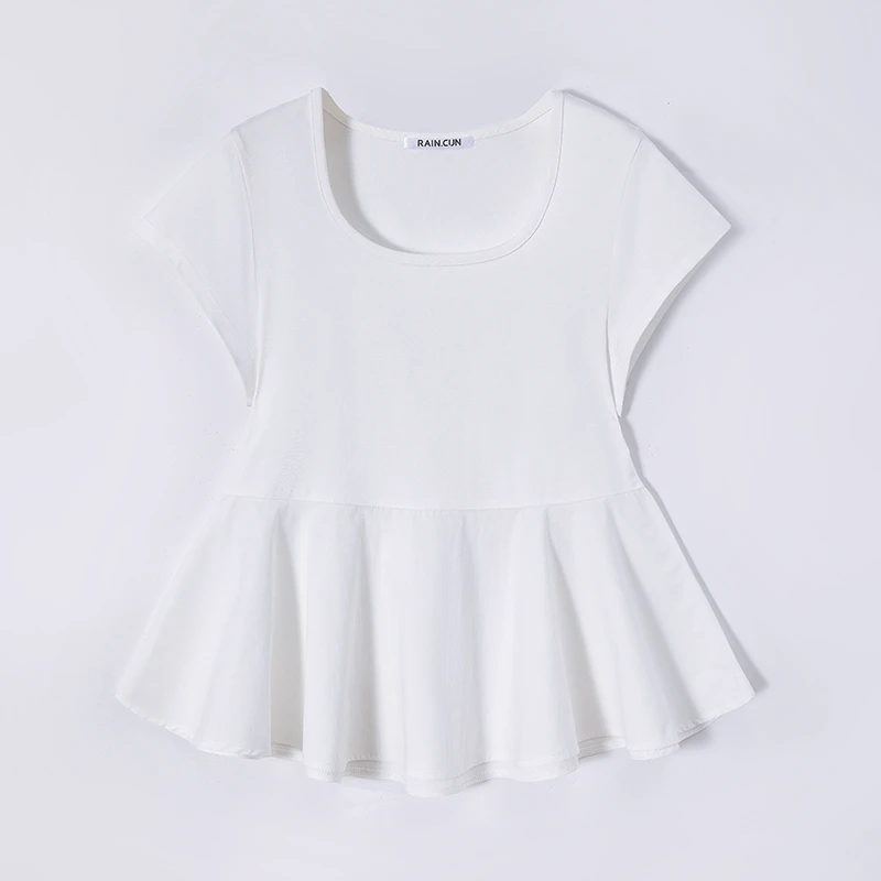 RAIN.CUN白色百搭轻奢纯色方领短袖拼接荷叶边JY11702B