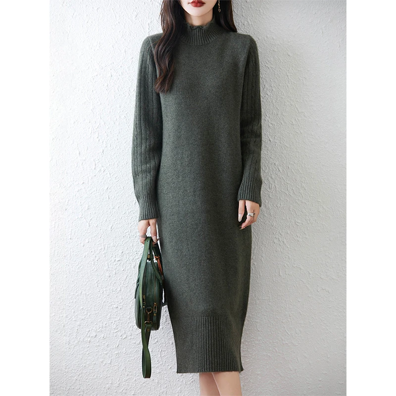 慵懒风100纯羊毛针织连衣裙秋冬宽松加厚毛衣裙女半高领长款裙子