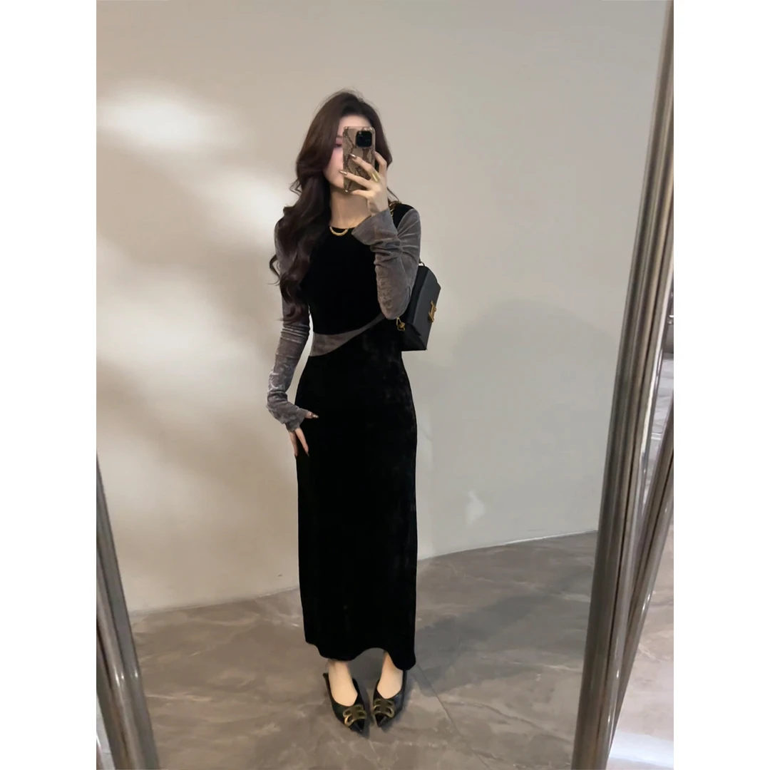 【大婷婷】时尚显瘦连衣裙拼接撞色复古长裙秋冬新款修身裙子DT1800