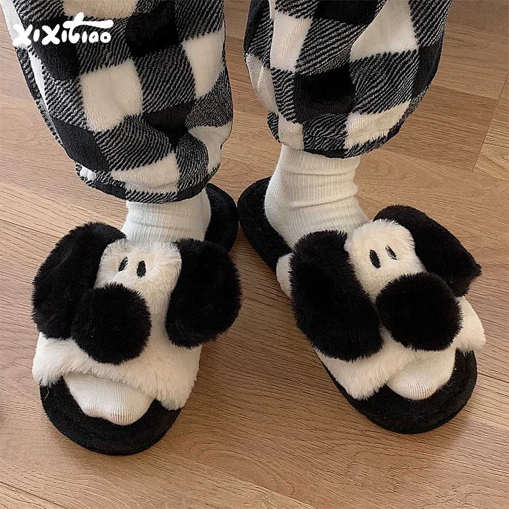 细细条 呆萌狗狗一字棉拖鞋男女秋冬季休闲居家情侣趣味毛毛拖鞋