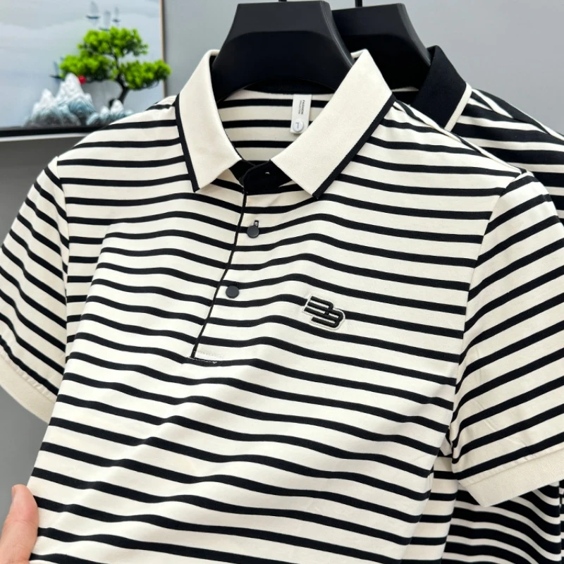 CATIA SELI翻领条纹短袖polo衫男士夏季带领刺绣t恤百搭休闲上衣