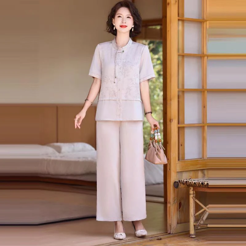 9527-夏季新款新中式中国风短袖气质时尚妈妈装套装A13-3-1