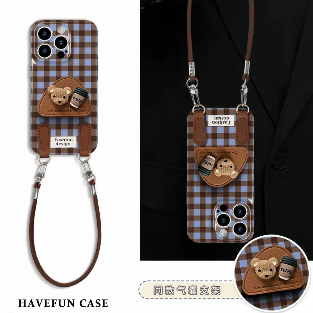 咖啡小熊支架适挂绳用苹果16/13手机壳iPhone华为vivo小米15oppo