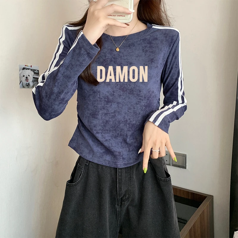 2025秋季正肩褶皱圆领长袖T恤女内搭修身打底衫扎染美式纯棉上衣