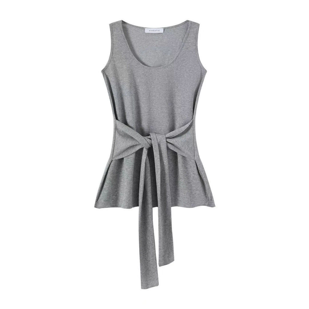 【茉舍】VIVEATIC U领修身弹力腰间绑带吊带背心VA250435-429