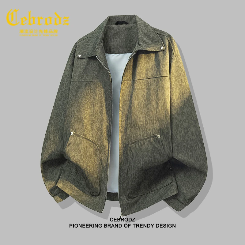 法国Cebrodz小豹纹复古扎染翻领皮夹克男秋季老钱风休闲皮衣外套