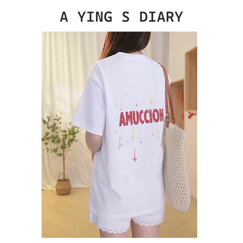 美式重磅纯棉白色T恤女短袖夏季字母创意流星设计感小众上衣半袖s