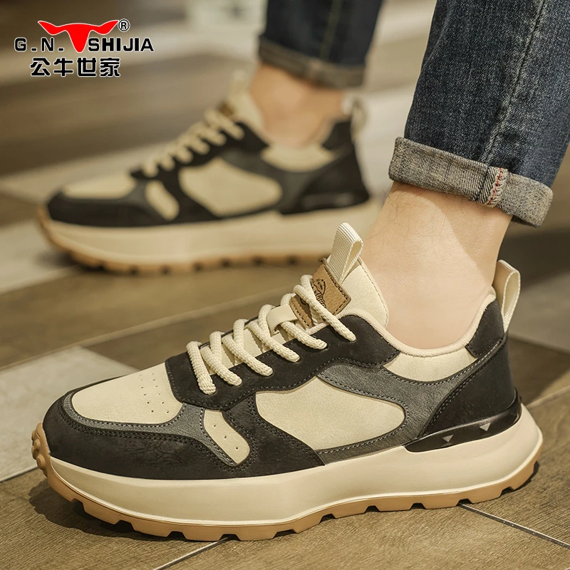 公牛世家男鞋2025春季新款复古运动休闲鞋子潮流百搭厚底板鞋男款
