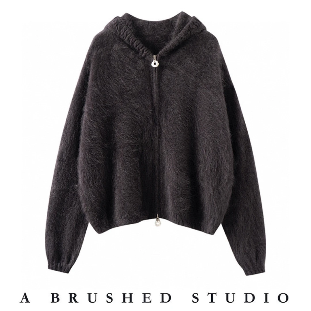 拉绒系列纯山羊绒拉绒连帽拉链开衫宽松休闲帽衫秋冬外套wP