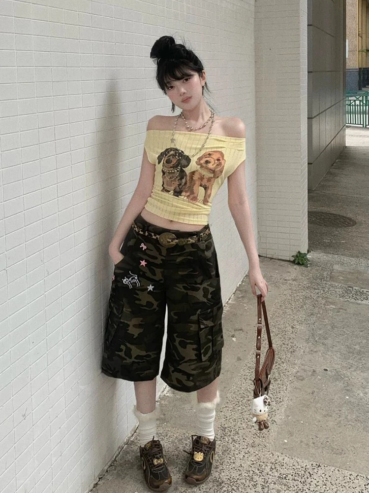 新款潮流立体口袋设计迷彩工装短裤女夏季新款美式街头宽松五分裤