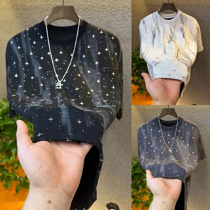 2025新款短袖男士潮流轻奢满天星圆领t恤宽松百搭上衣夏季扎染男T