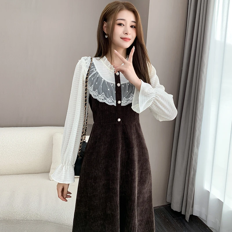 秋法式小香风灯芯绒拼接连衣裙女中长款百搭减龄假两件打底裙