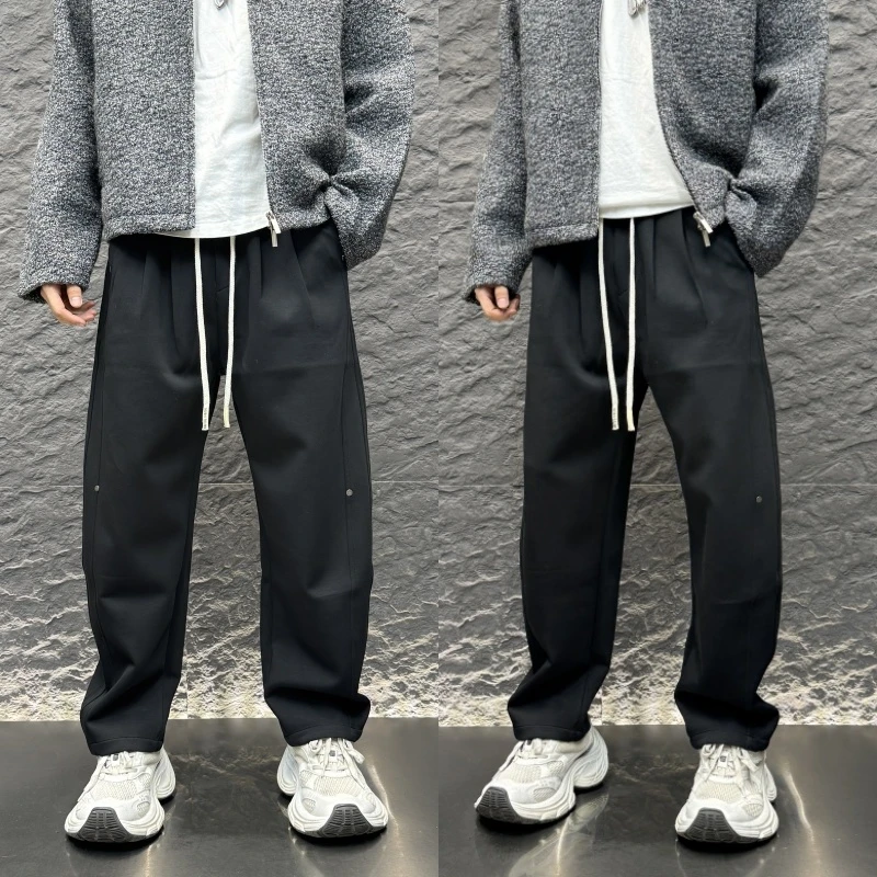 男裤百搭休闲裤运动常规秋季纯色抽绳直筒裤男士宽松潮流痞帅休秋