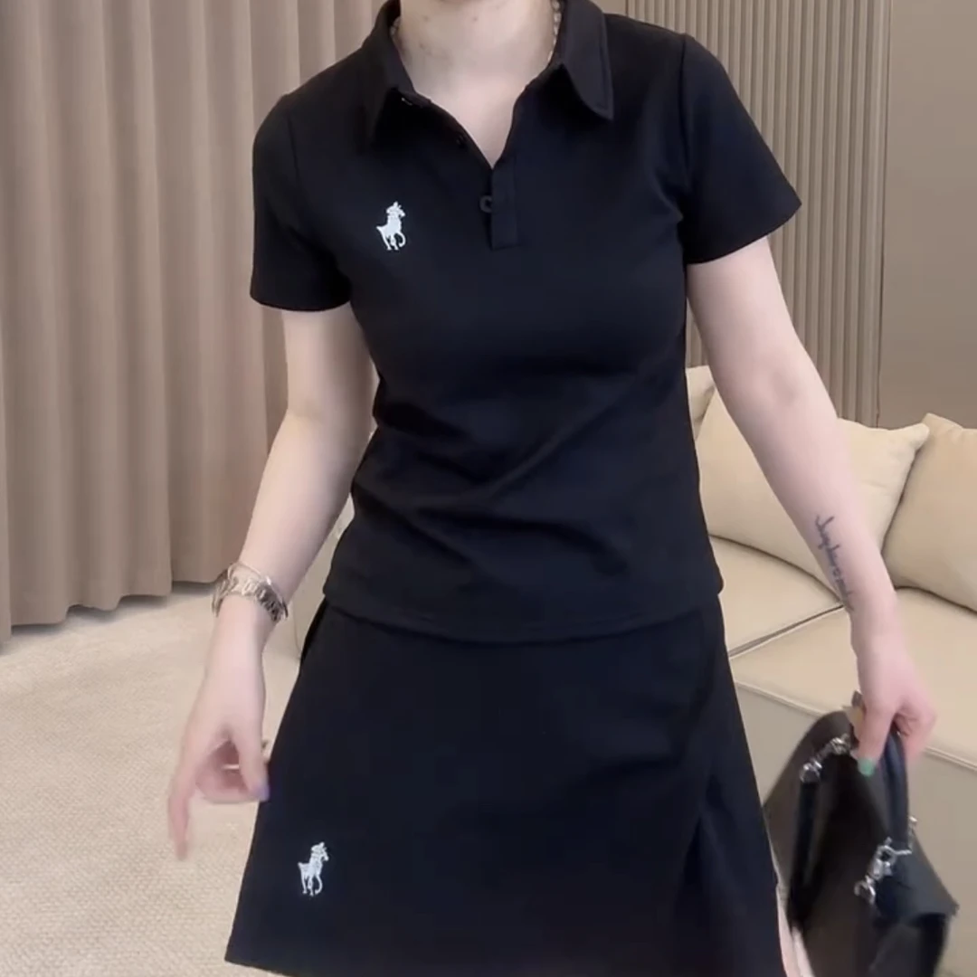 刺绣POLO领短袖上衣高腰短裙时尚休闲两件套显瘦气质洋气百搭