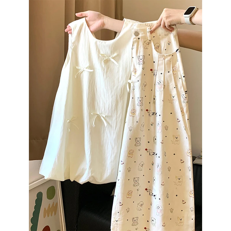 韩版设计蝴蝶结独特别致上衣女夏日穿搭卡通印花高腰薄款长裤套装