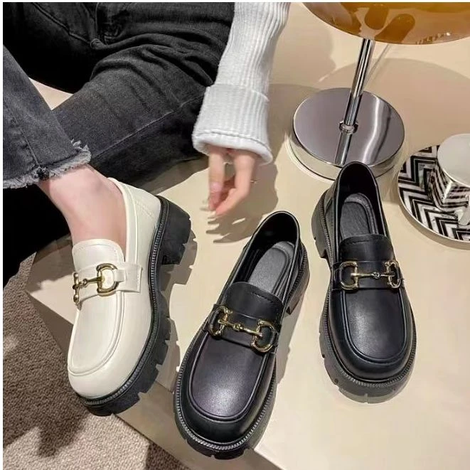 乐福鞋女百搭舒适2024年新款春秋季纯色低帮厚底P6666