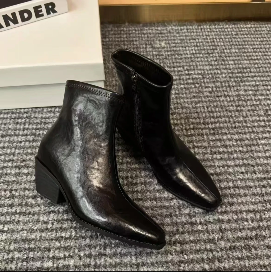 极简复古百搭2025爆款小个子粗跟短靴侧拉拉链弹力气质显瘦