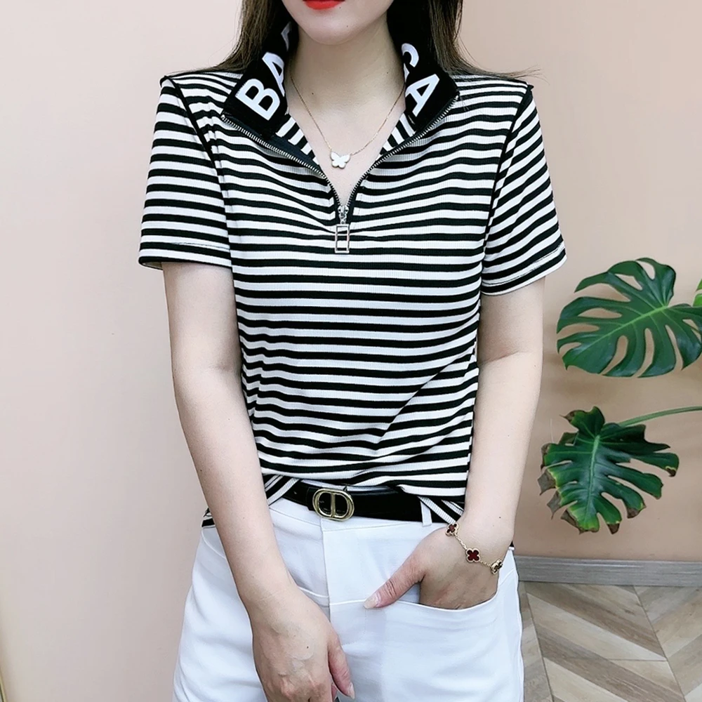 洋气短袖t恤女夏季中年妈妈装时尚翻领polo衫半拉链条纹减龄上衣