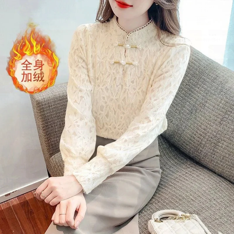 加绒秋冬时尚修身国风蕾丝打底衫女新款植绒加厚保暖修身上衣女