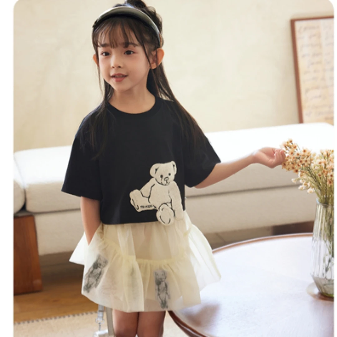 淘气小贝女童可爱甜美小熊短袖T恤儿童洋气网纱裙小女孩夏季透气