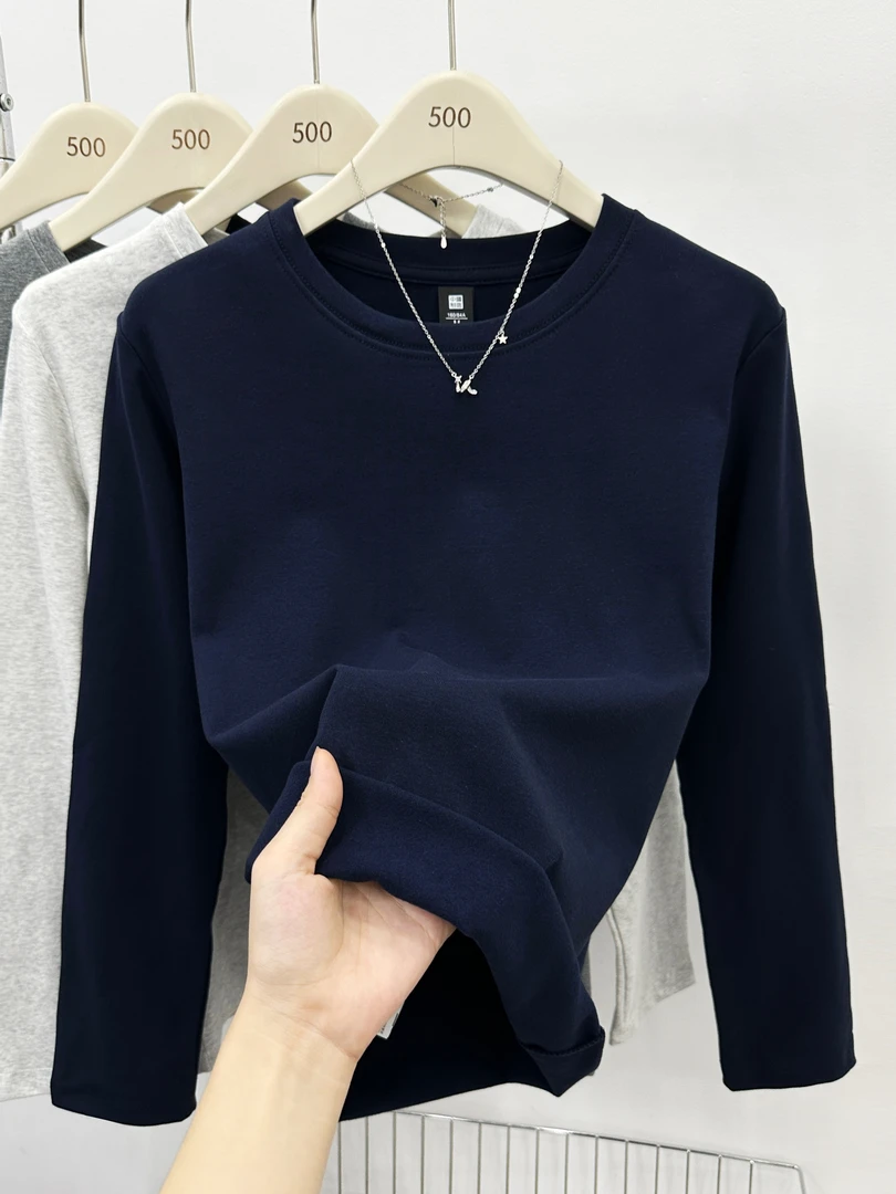 大码女装正肩长袖T恤早秋季2025新款纯色百搭圆领内搭打底衫上衣