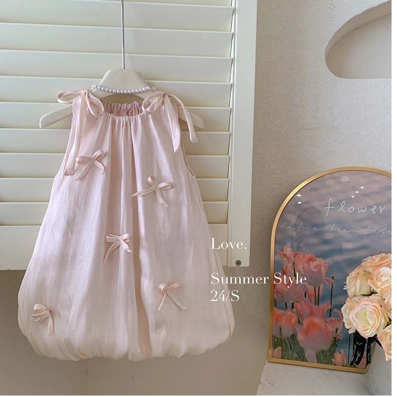 2024夏"荔枝芭蕾"纯色无袖韩版女童百搭甜美蝴蝶结连衣裙24X082