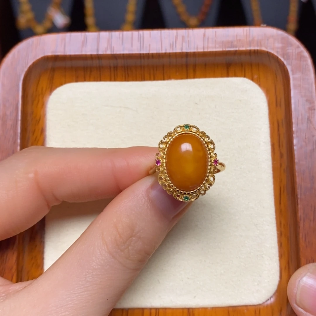 【闪购商品】蜜蜡戒指银S925镀金镶嵌戒指