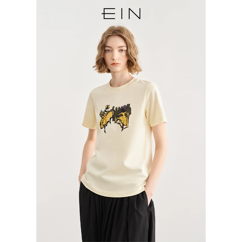 EIN/言【商场同款】时尚涂鸦印花休闲圆领纯棉短袖T恤25夏季新款