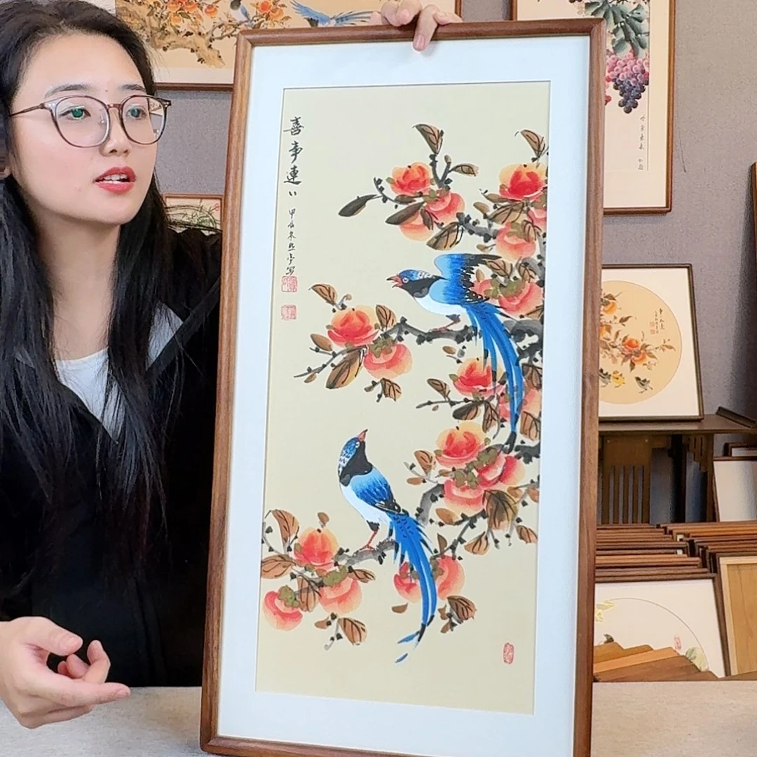 国画纯手绘，纯手写带框尺寸：36×69厘米