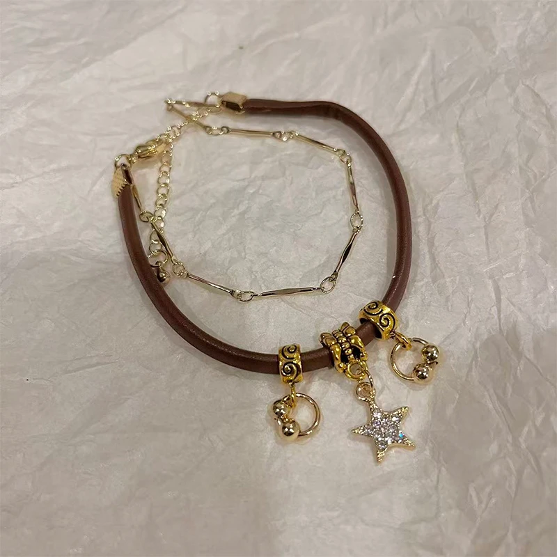 铜合金皮质手链 美拉德复古双层星星手链女气质时尚高级手饰YU217