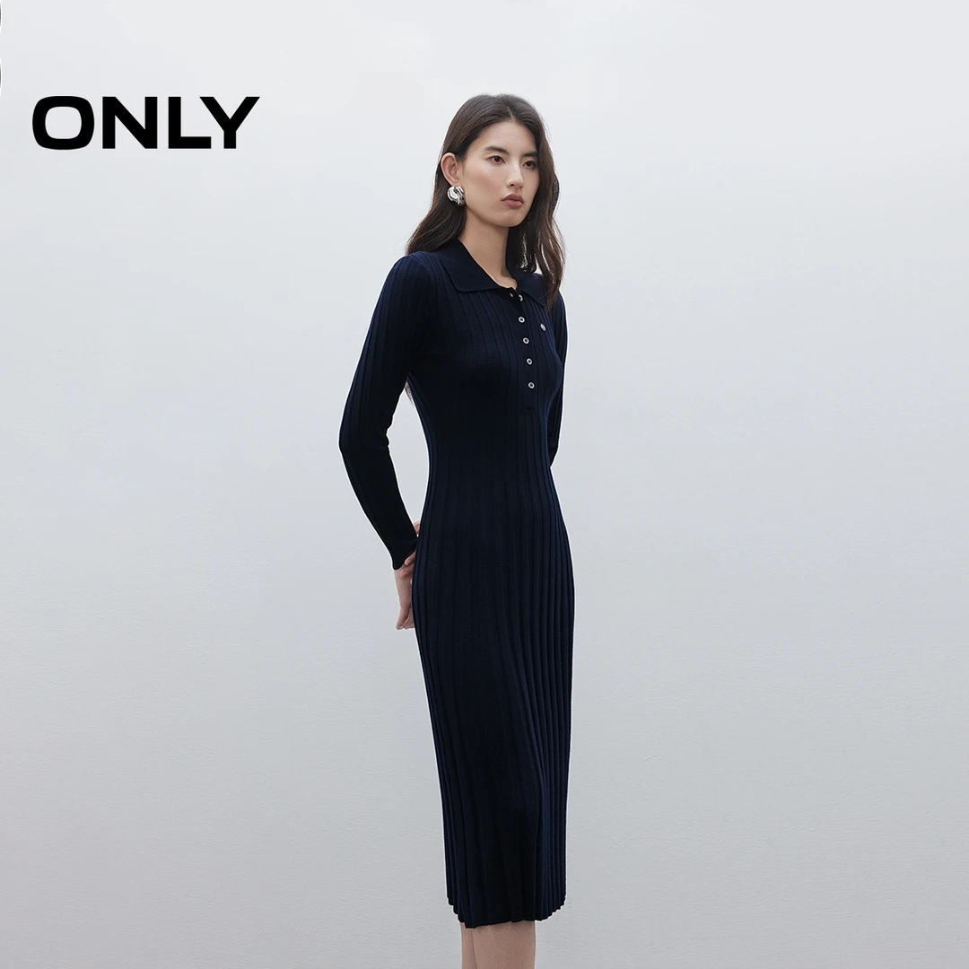 ONLY2025秋季新款知性高智长袖正肩翻领针织连衣裙女|125346006