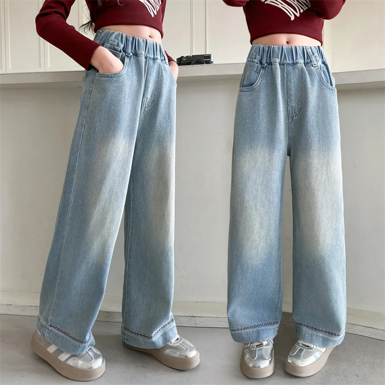 母女装 女童亲子同款25年春季新品脚口绣花牛仔裤宽松中大童直筒