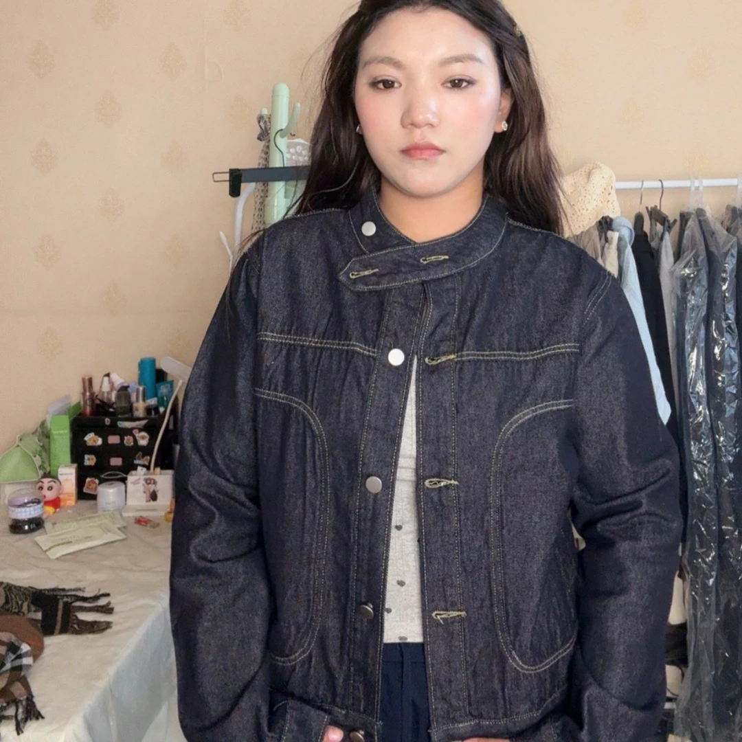 长袖宽松型复古港风女立领短外套韩版短款拼接时尚