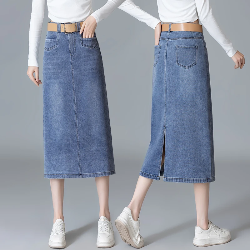 浅蓝色牛仔半身裙女春夏2025新款高腰a字显瘦中长款后开又包臀裙