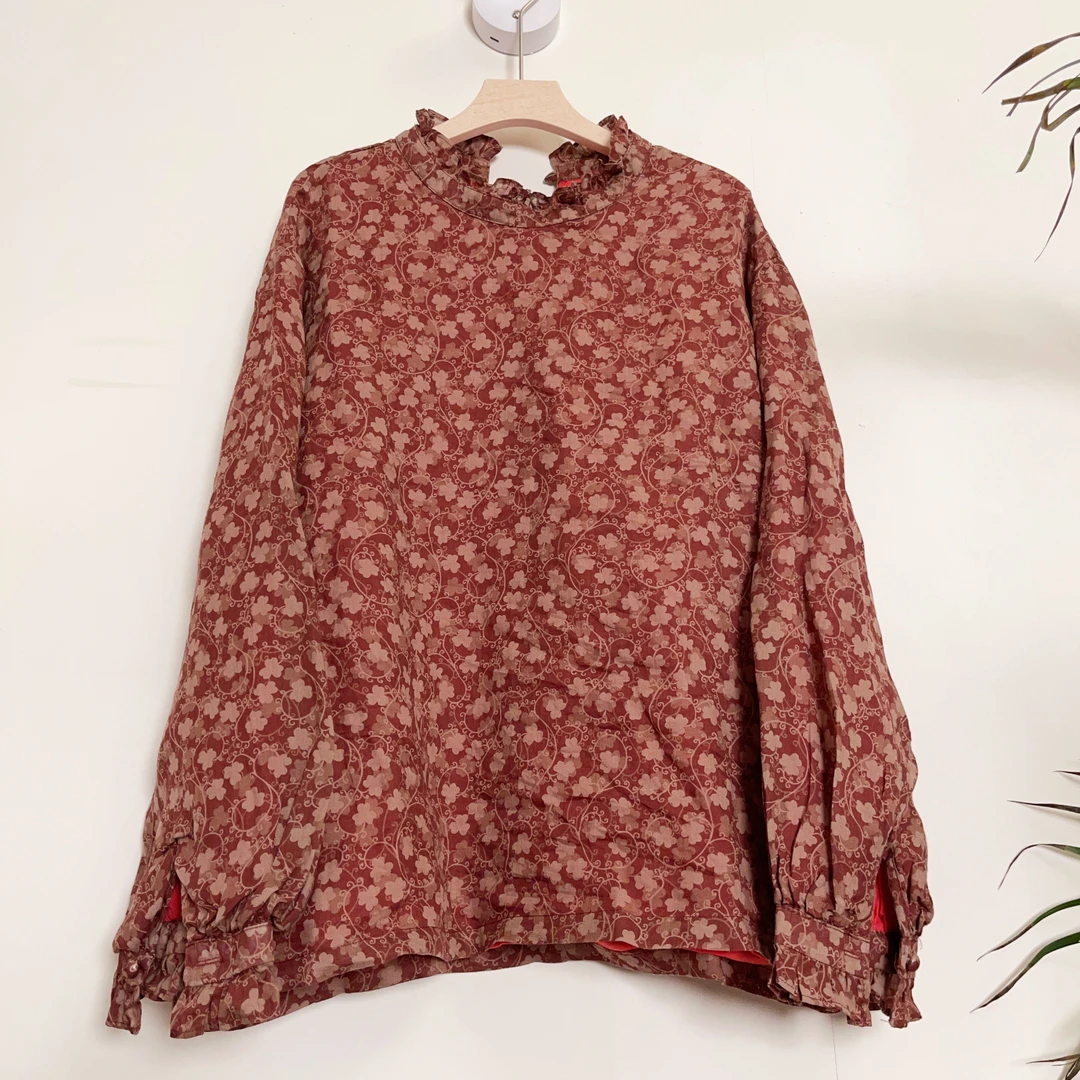 苎麻双层木耳朵边小碎花长袖衬衣（衣长65）