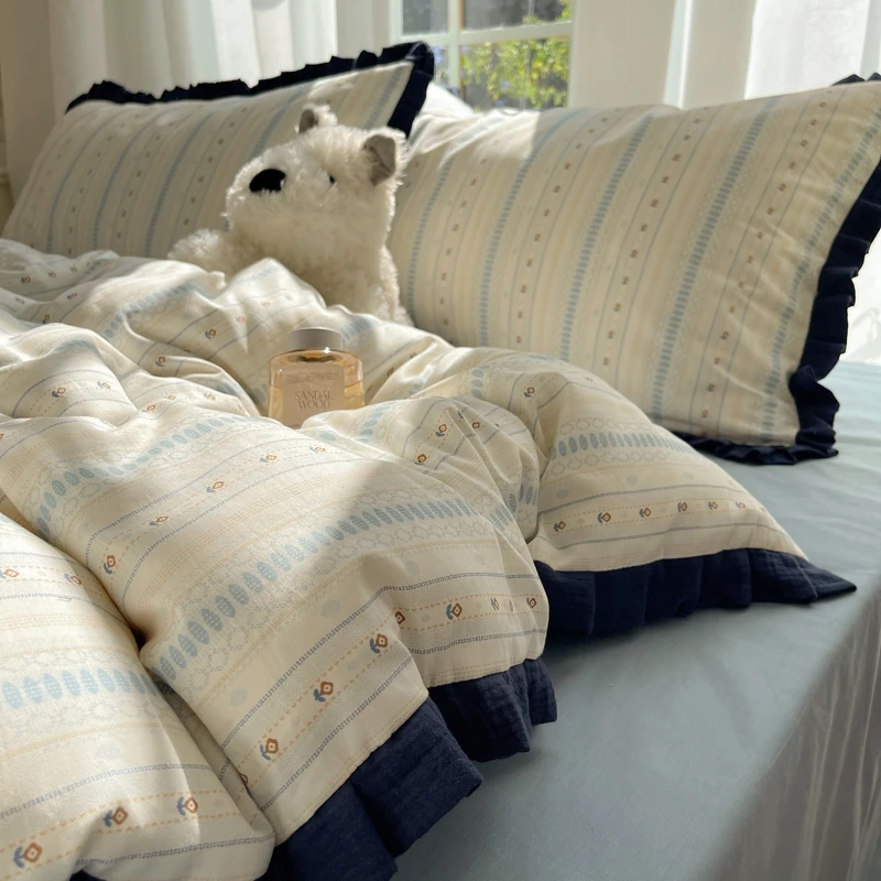 全棉2025新款韩版皱皱纱花边四件套100%棉柔软四季可用床单套件