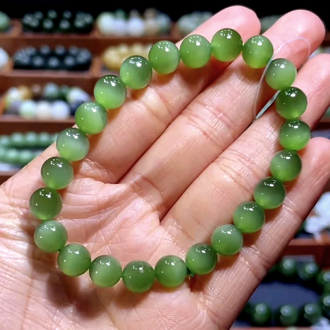 精品高货8m俄罗斯碧玉无黑点一线猫辣绿阳绿碧玉猫眼手串和田玉