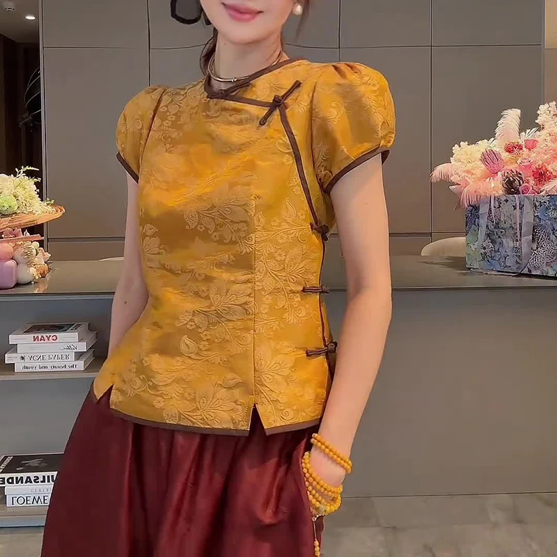 新中式国风女装提花上衣2025夏季新款高级感复古洋气衣服斜襟衬衫