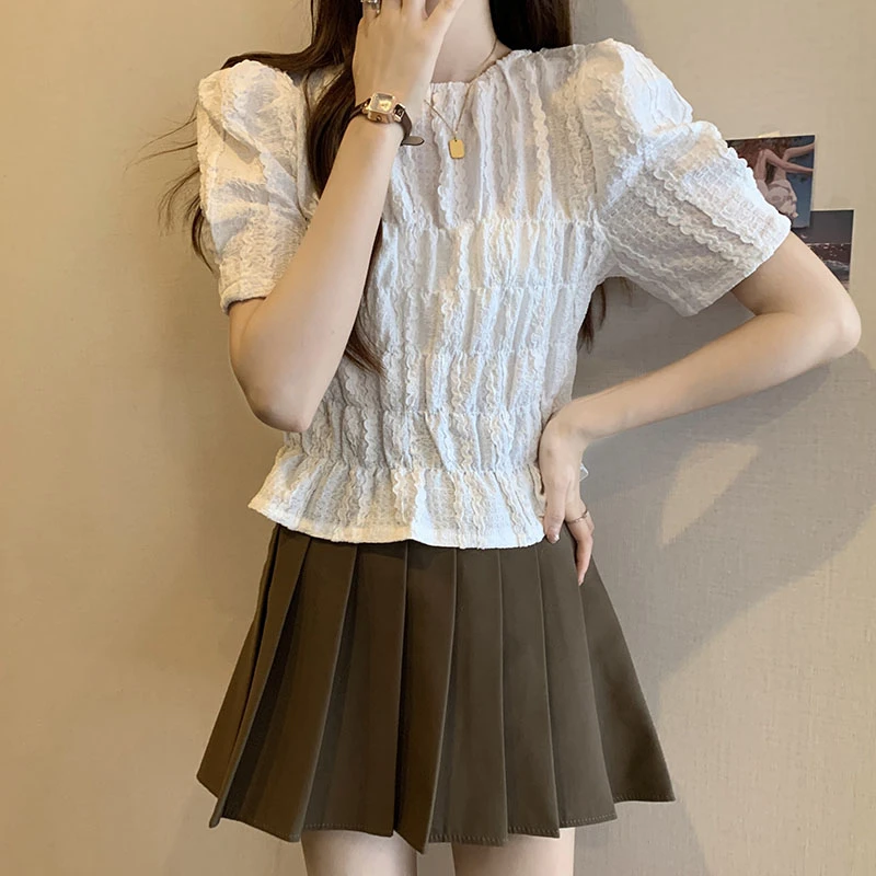 法式显瘦气质短款女装2025夏季新款褶皱泡泡袖圆领衬衣