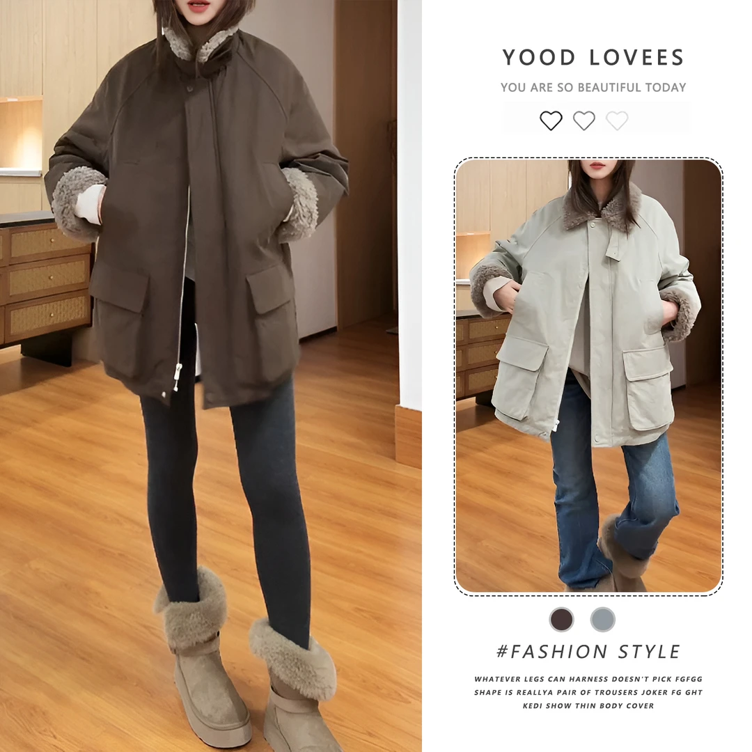 2025秋冬新款韩系时尚毛毛拼接翻领外套洋气宽松显瘦加棉保暖棉衣