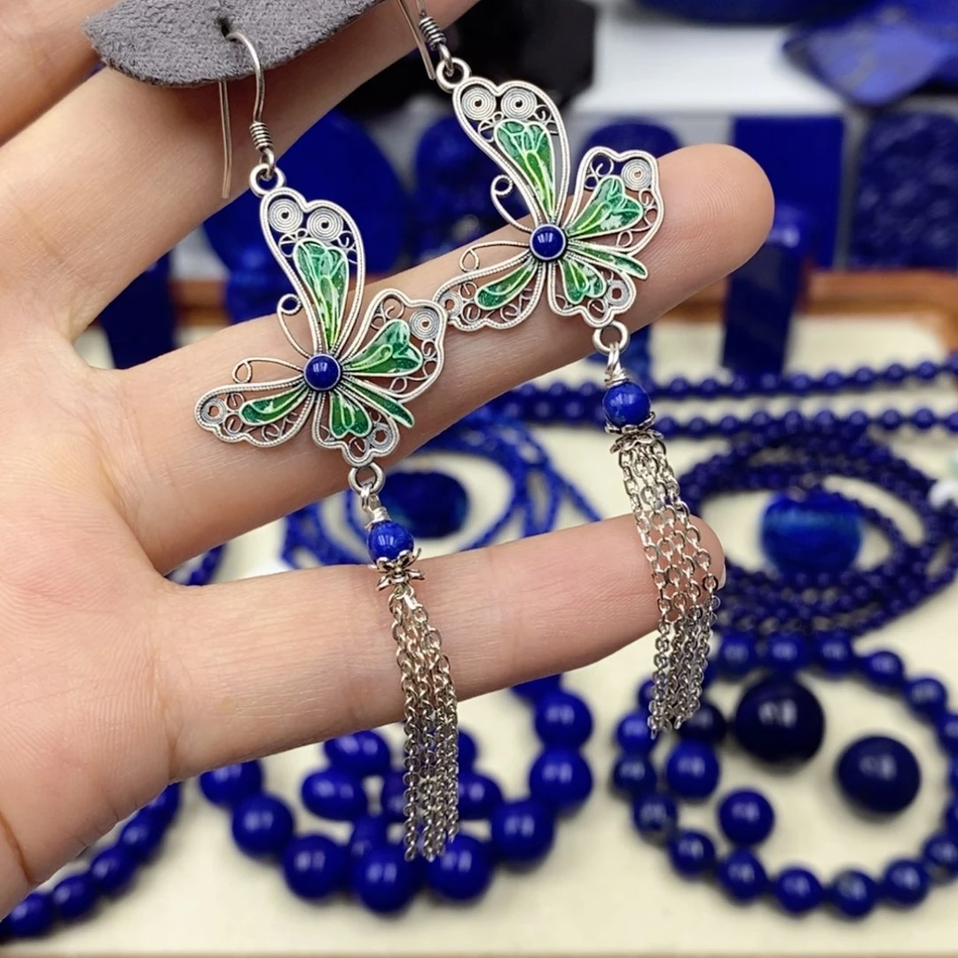 青金石耳饰银S925镶嵌