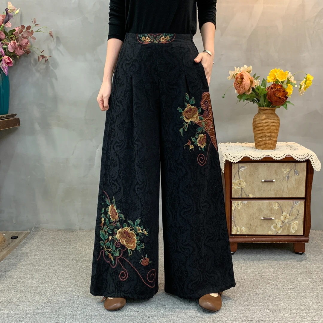 一件代发民族风阔腿裤女2025秋季高腰宽松显瘦刺绣直筒休闲裤长裤