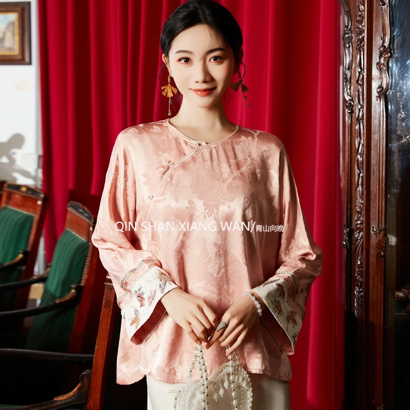 【芊朵】秋装新款国风新中式天丝提花上衣气质衬衫刺绣宽松遮肉女