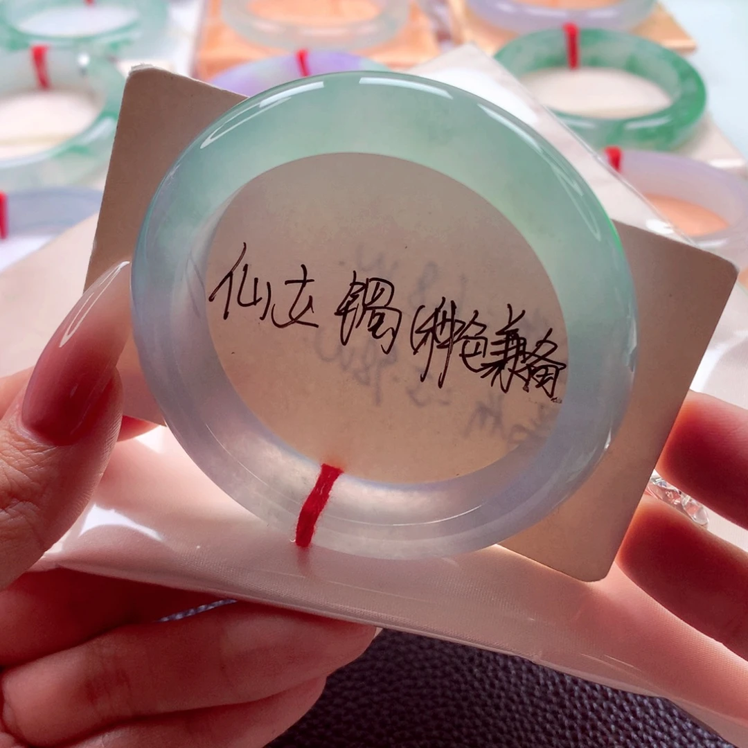 翡翠未镶嵌手镯54.6炸光冰春彩宽版半山水 敏