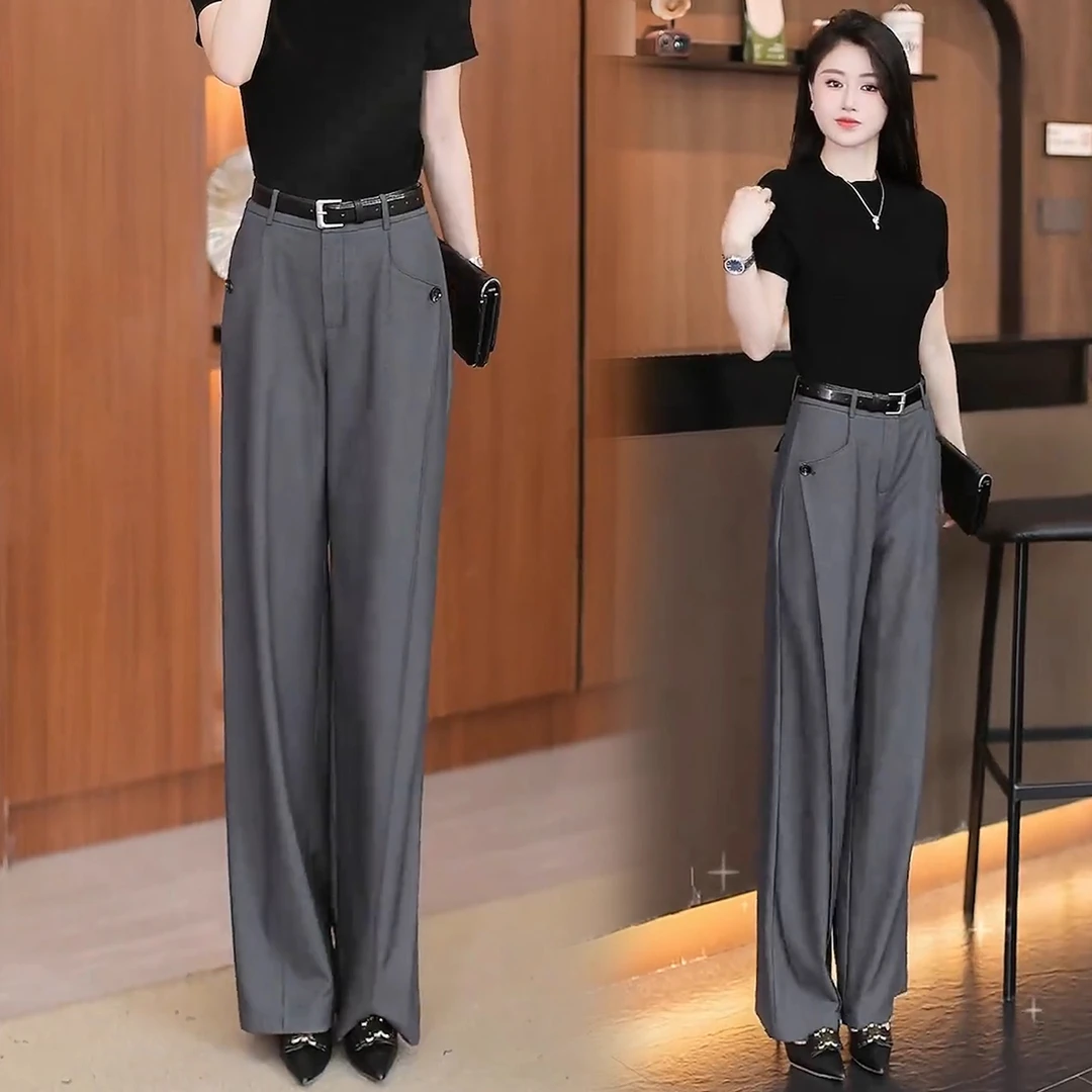 (送腰带)弯刀阔腿裤女2025秋季新款高腰宽松直筒百搭休闲西装长裤