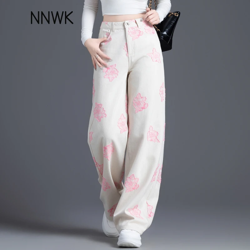 绣花裤子设计感牛仔裤女2025春秋季高腰显瘦直筒裤长裤窄版阔腿裤