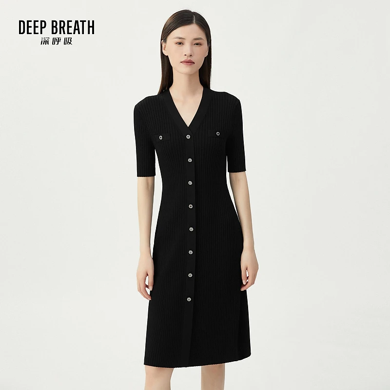 DEEP BREATH深呼吸女装新款V领半袖修身针织伞裙连衣裙A500211