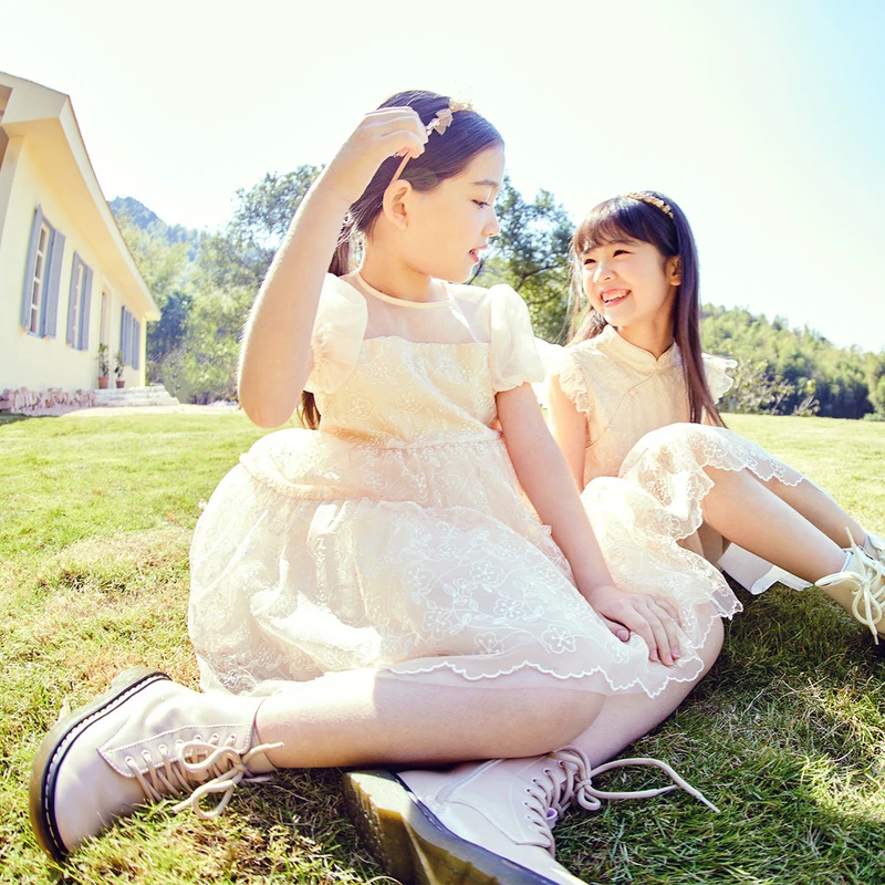 [商场同款]EP雅莹童装夏女童新款洋气刺绣蕾丝泡泡袖礼服裙