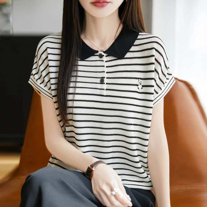 韩系翻领洋气刺绣拼色针织衫夏季薄款100莱赛尔休闲条纹短袖