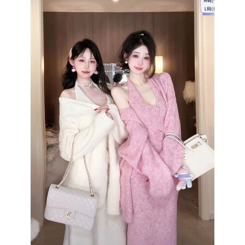 复古毛衣套装裙女秋冬V领立体花朵背心针织外套显瘦包臀裙三件套